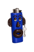 A blue lighter styled with a face made from brown clay-like material, featuring eyes, nose, eyebrows, mustache, and lips. A small silver metal ring and charm are attached on the side.

Blue Mood handmade blue polymer clay character lighter case with keychain