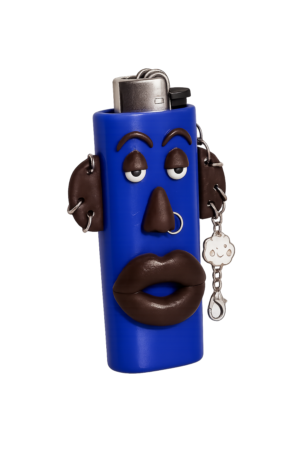 A blue lighter styled with a face made from brown clay-like material, featuring eyes, nose, eyebrows, mustache, and lips. A small silver metal ring and charm are attached on the side.

Blue Mood handmade blue polymer clay character lighter case with keychain