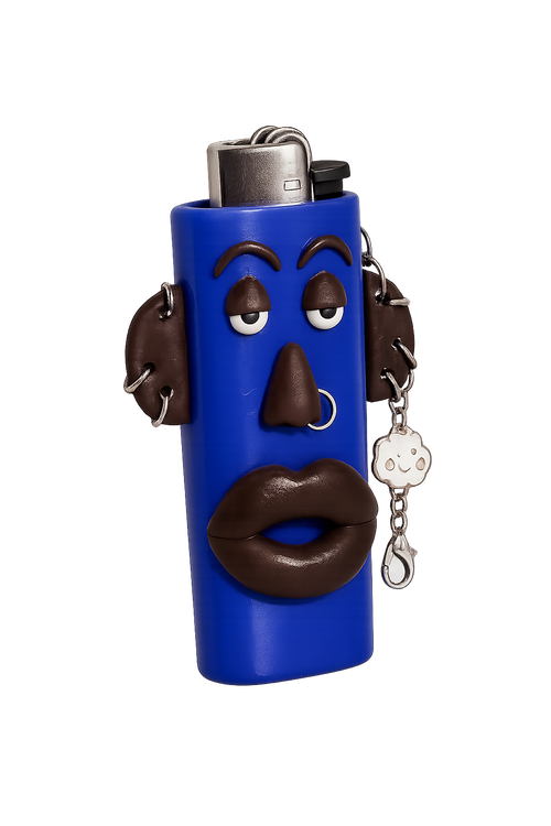 A blue lighter styled with a face made from brown clay-like material, featuring eyes, nose, eyebrows, mustache, and lips. A small silver metal ring and charm are attached on the side.

Blue Mood handmade blue polymer clay character lighter case with keychain