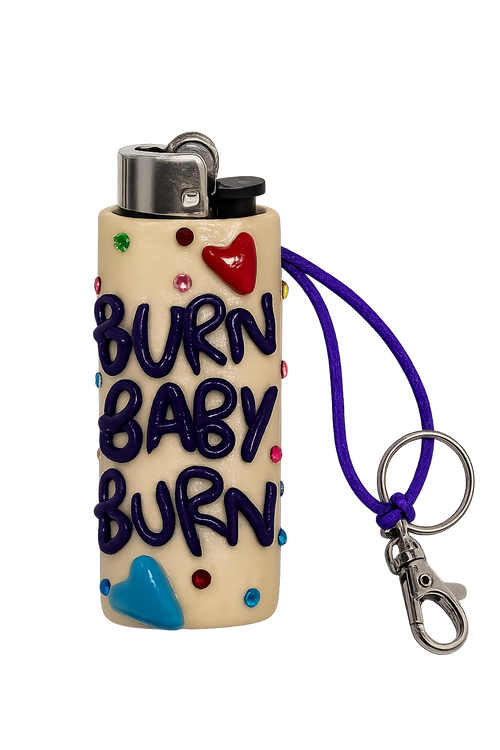 Burn Baby Burn colourful handmade polymer clay lighter holder with keychain