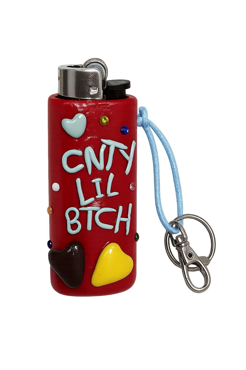 A red novelty lighter featuring the text 'CNTY LIL BTCH' in white, decorated with 3D heart shapes in yellow, brown, and light blue, along with small colorful rhinestones. It has a light blue wrist strap and a silver metal keychain clasp on a plain white background.

CLB sassy handmade polymer clay BIC lighter case with keychain