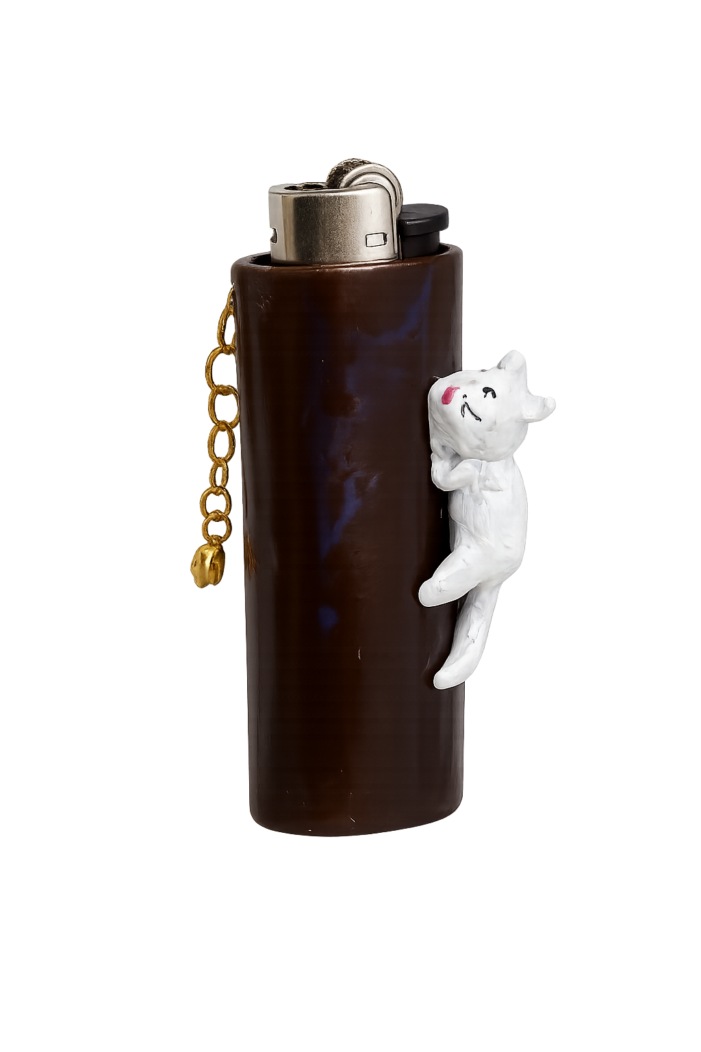 A dark brown lighter case shaped accessory with a small white cat figure climbing the side and a chain hanging from the top.