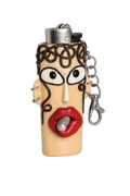 A lighter case shaped like a stylized face with a beige skin tone, black curly hair, large white eyes, red lips and keychain clasp.

Curly Sue handmade polymer clay character lighter case with sculpted curls