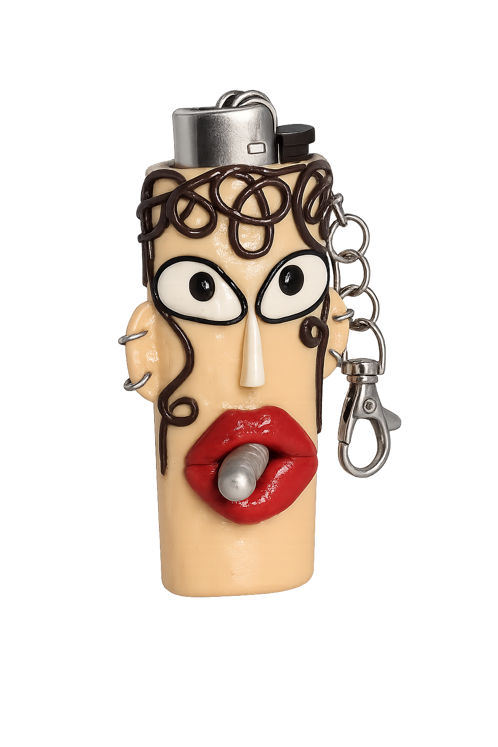 A lighter case shaped like a stylized face with a beige skin tone, black curly hair, large white eyes, red lips and keychain clasp.

Curly Sue handmade polymer clay character lighter case with sculpted curls