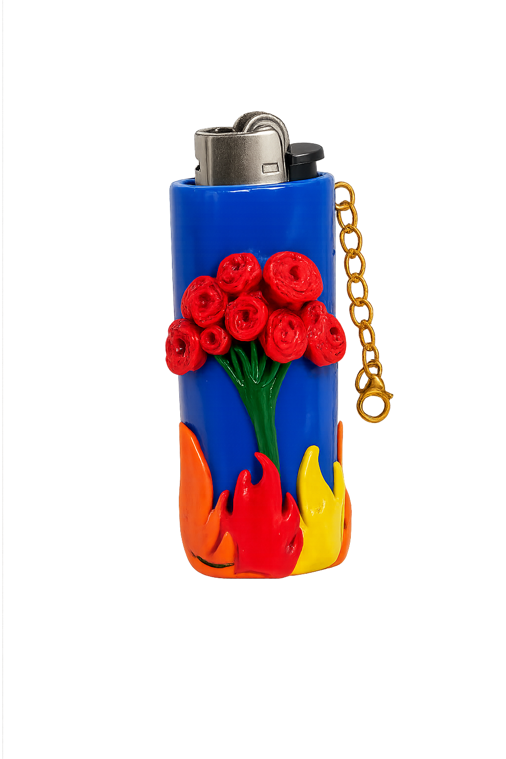 A blue lighter case decorated with red roses and orange, yellow, and red flames.

Flowers and Flames colourful floral polymer clay lighter case with keychain
