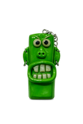 A green polymer clay keychain shaped like a cartoon monster face with large eyes and an open mouth showing teeth, attached to a silver metal chain, on a plain white background.

Grumpy green holiday character polymer clay lighter case with keychain