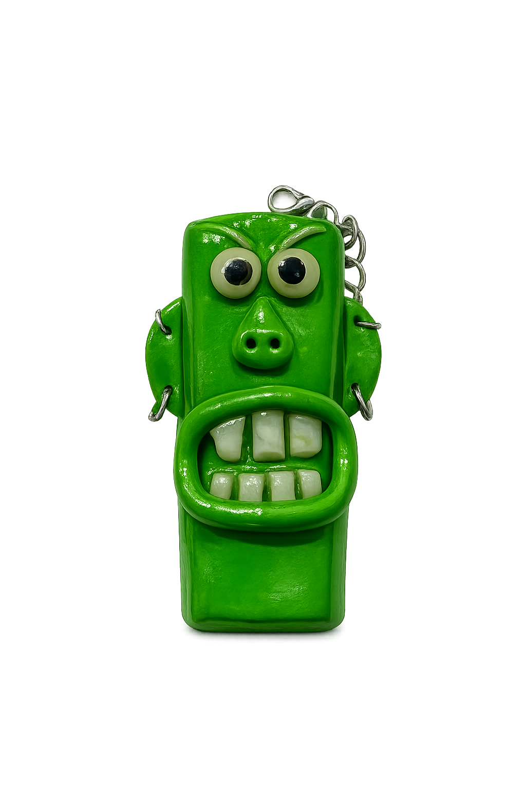 A green polymer clay keychain shaped like a cartoon monster face with large eyes and an open mouth showing teeth, attached to a silver metal chain, on a plain white background.

Grumpy green holiday character polymer clay lighter case with keychain