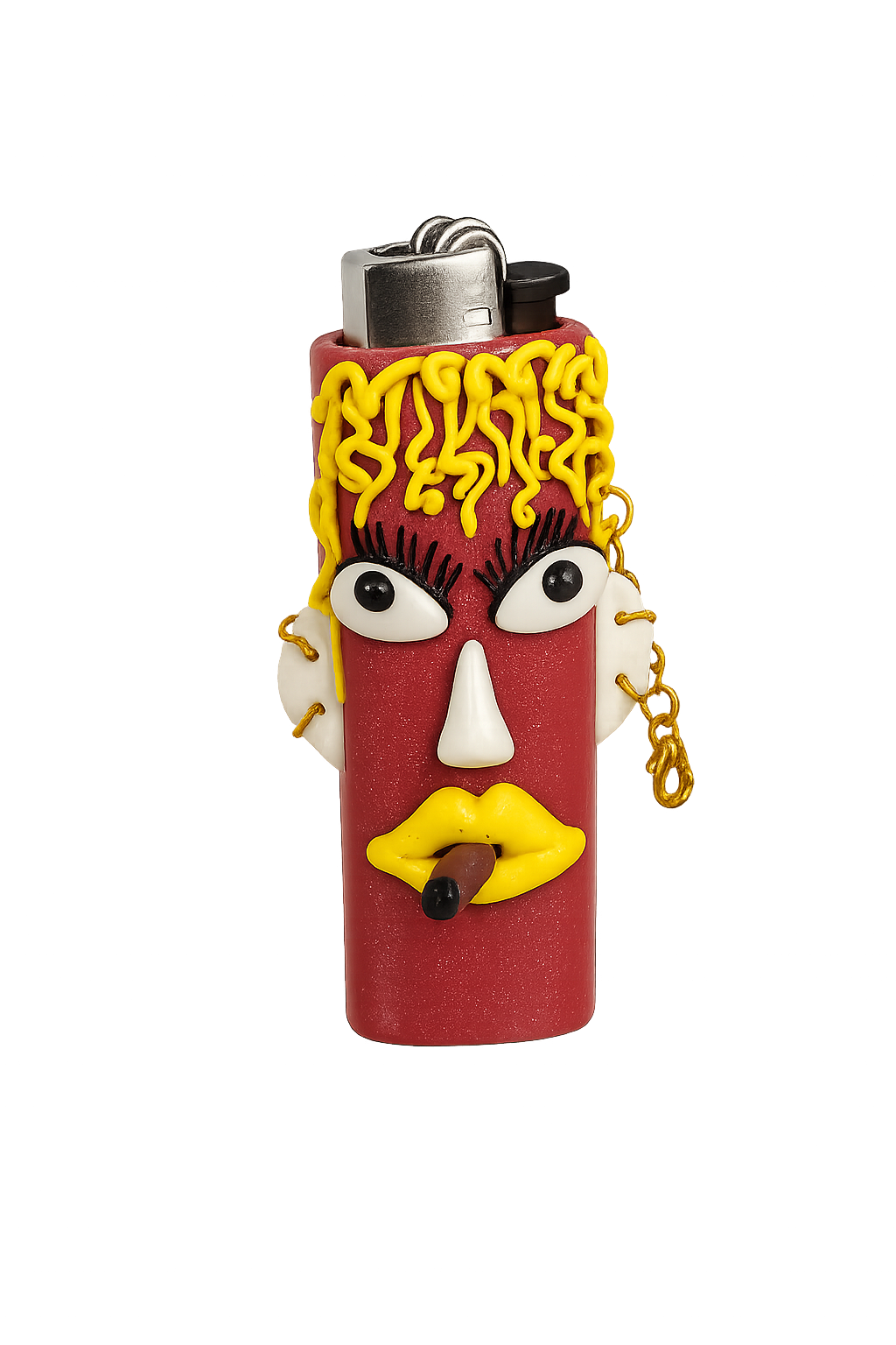 A lighter shaped like a stylized face with a red body, yellow hair, white eyes, and a gold chain attached to the side. 
Honey Blaze yellow and red handmade polymer clay lighter case with keychain.