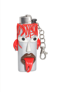 A lighter shaped like a stylized face with red hair, a white face, brown lips, and a red tongue, featuring a silver metal keychain attachment. Hot Mess Express handmade character polymer clay lighter case with keychain