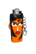 A lighter case shaped like a stylized face with bright orange skin, black hair, red lips, and white eye details, featuring a silver metal top and attached silver keychain.

Miss Tangerine orange character polymer clay BIC lighter case with keychain