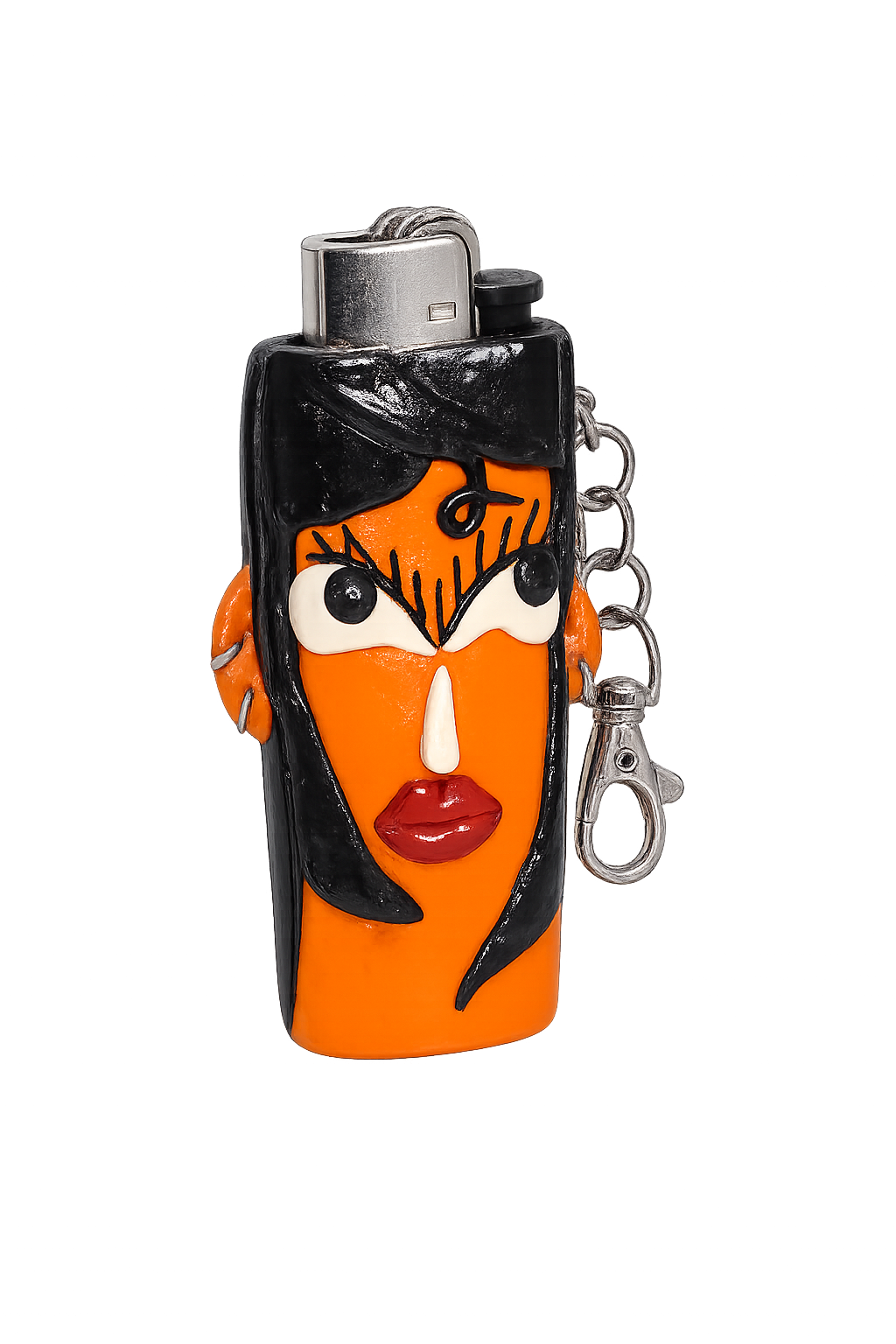 A lighter case shaped like a stylized face with bright orange skin, black hair, red lips, and white eye details, featuring a silver metal top and attached silver keychain.

Miss Tangerine orange character polymer clay BIC lighter case with keychain