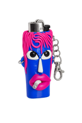 A lighter case accessory with a bright blue body, pink hair-like texture, cartoon eyes, pink lips, and a silver metal keychain attached. Pink Haze pink and blue polymer clay character lighter case with keychain