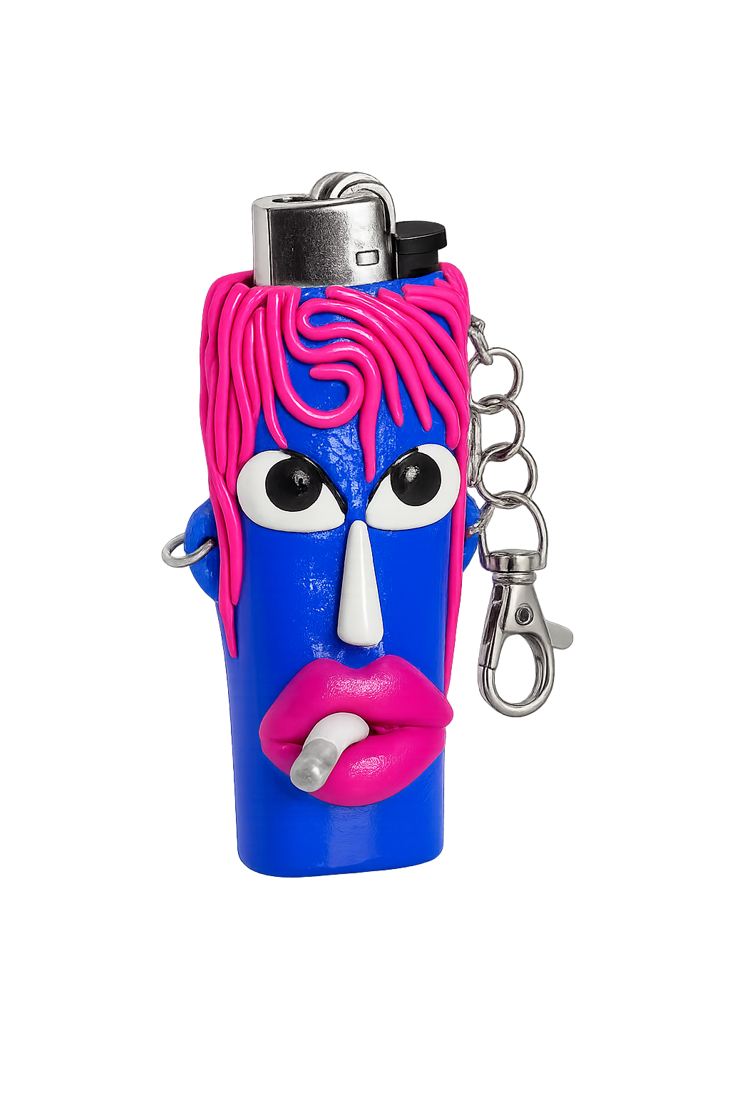 A lighter case accessory with a bright blue body, pink hair-like texture, cartoon eyes, pink lips, and a silver metal keychain attached. Pink Haze pink and blue polymer clay character lighter case with keychain