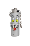 A silver lighter shaped like a cartoon cat face, featuring yellow eyes, a red tongue, and a small attached metal chain.

Smokey Tom handmade grey cat polymer clay lighter case with keychain