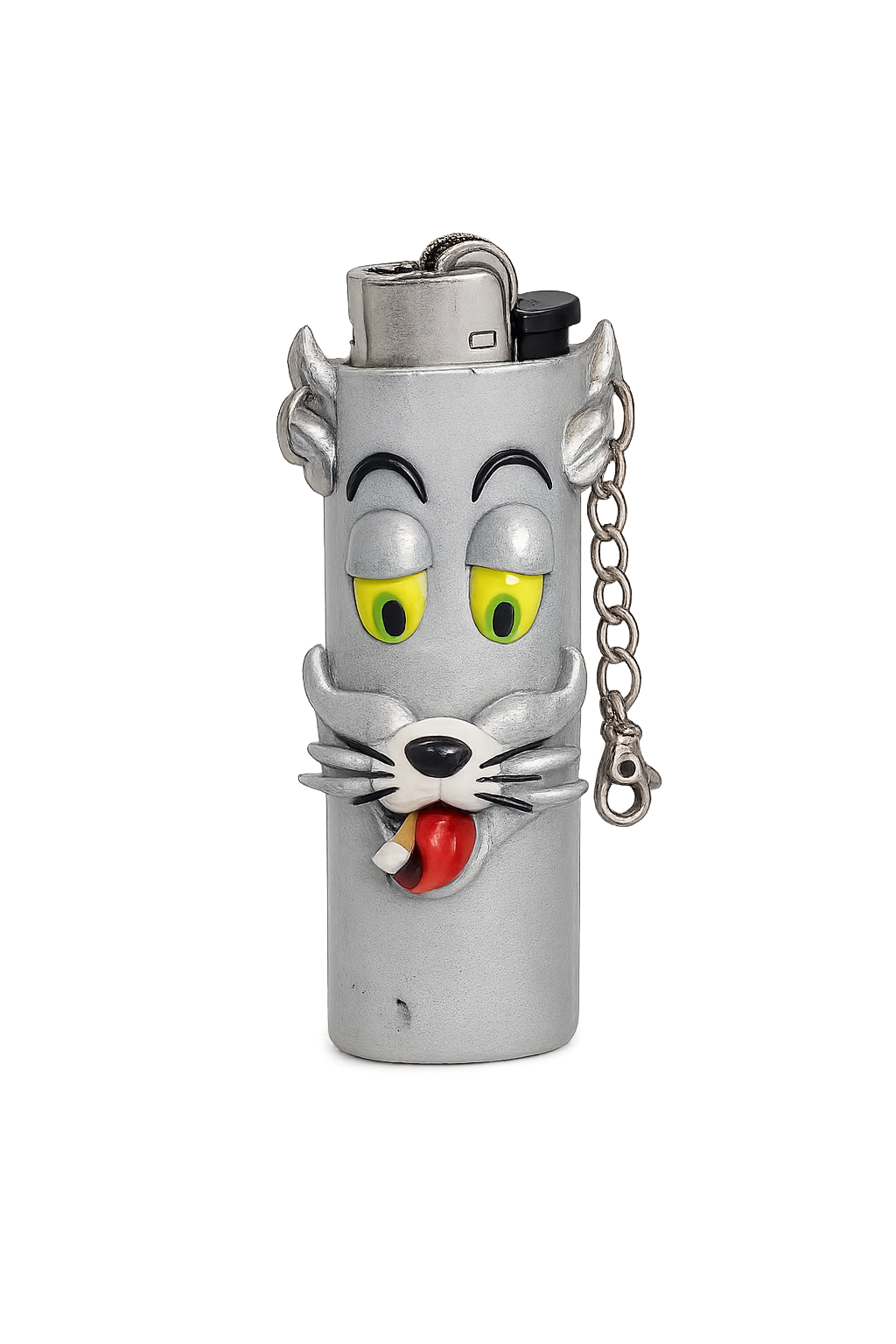 A silver lighter shaped like a cartoon cat face, featuring yellow eyes, a red tongue, and a small attached metal chain.

Smokey Tom handmade grey cat polymer clay lighter case with keychain