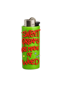 A bright green lighter with red text reading 'SWEET DREAMS ARE MADE OF WEED' and small colorful gem-like accents. 

Sweet Dreams colourful handmade polymer clay lighter case with keychain
