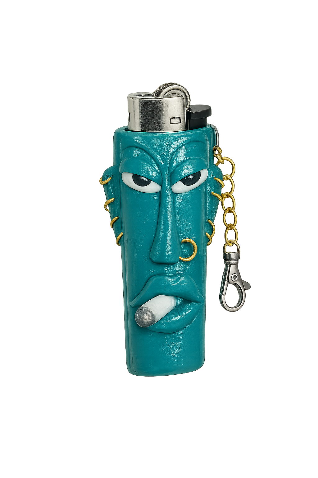A turquoise blue lighter shaped like a stylized face with gold wire details, a silver metal top, and a gold-and-silver keychain clasp, shown on a plain white background.

Teal With It handmade teal polymer clay lighter holder with keychain