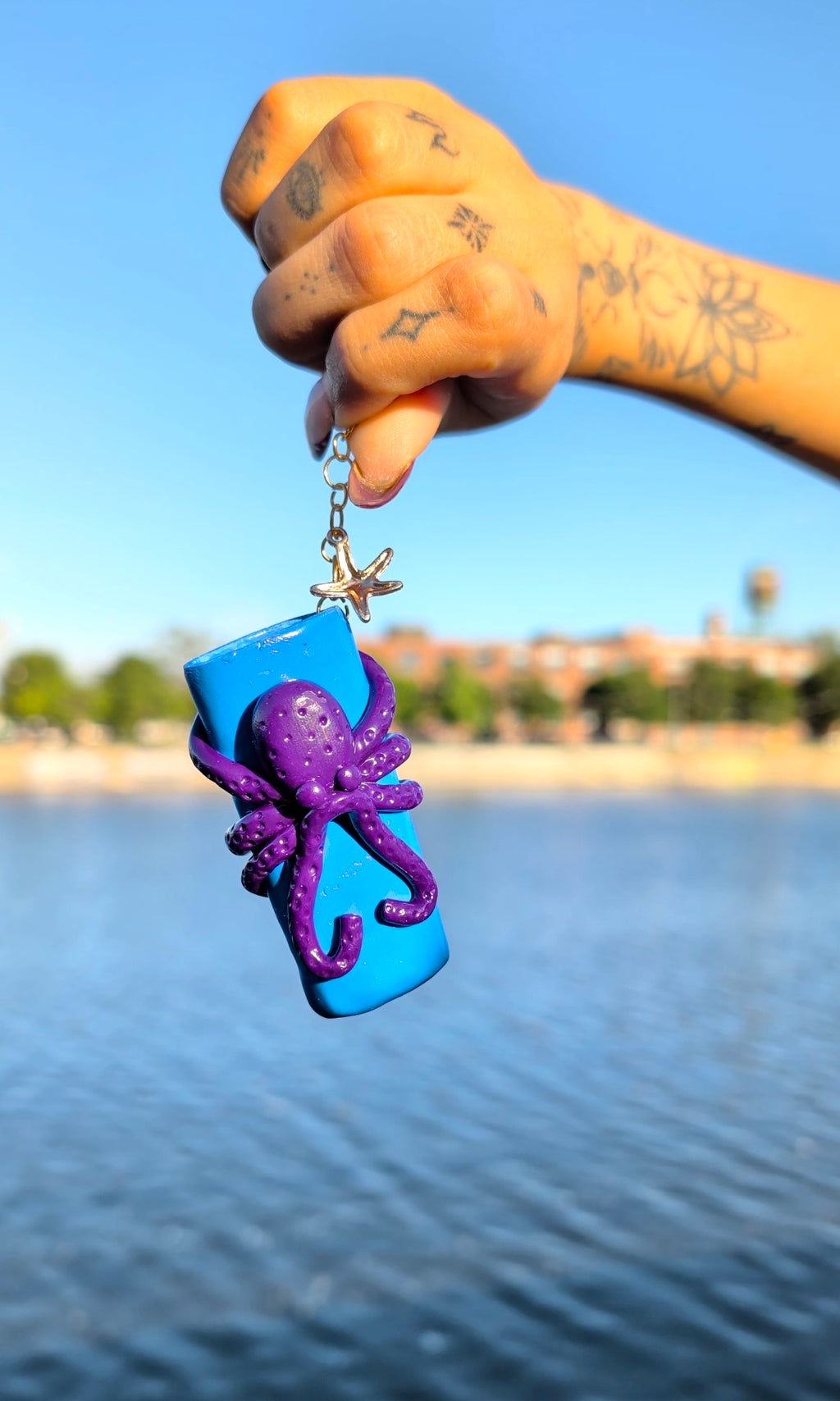 Tentacle Trouble blue and pink octopus polymer clay lighter case with keychain