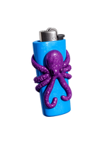 Tentacle Trouble blue and pink octopus polymer clay lighter case with keychain