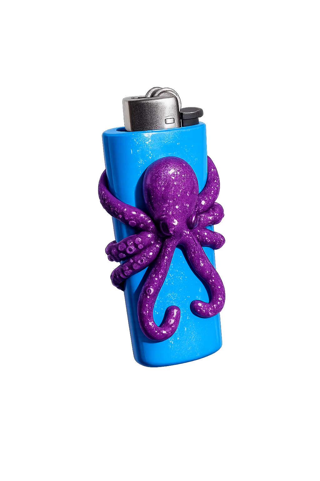Tentacle Trouble blue and pink octopus polymer clay lighter case with keychain