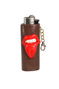 A brown chocolate bar with a red lips and tongue design on the front, featuring a silver metal top and a gold keychain clasp.

Tongue Tied handmade tongue-out character lighter case with keychain