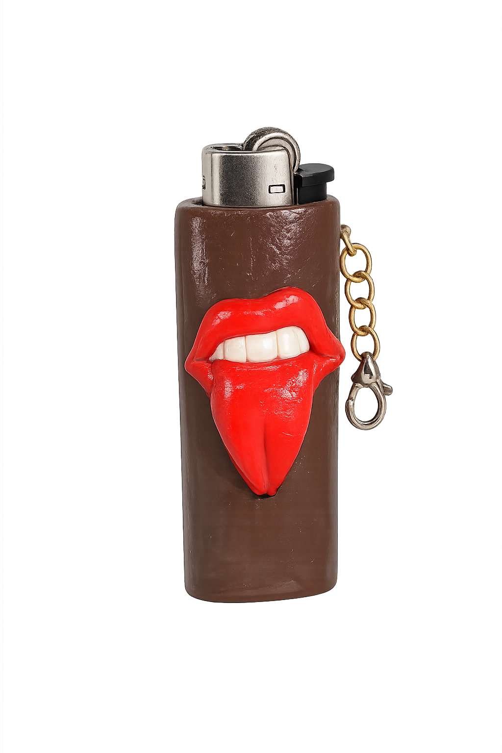 A brown chocolate bar with a red lips and tongue design on the front, featuring a silver metal top and a gold keychain clasp.

Tongue Tied handmade tongue-out character lighter case with keychain