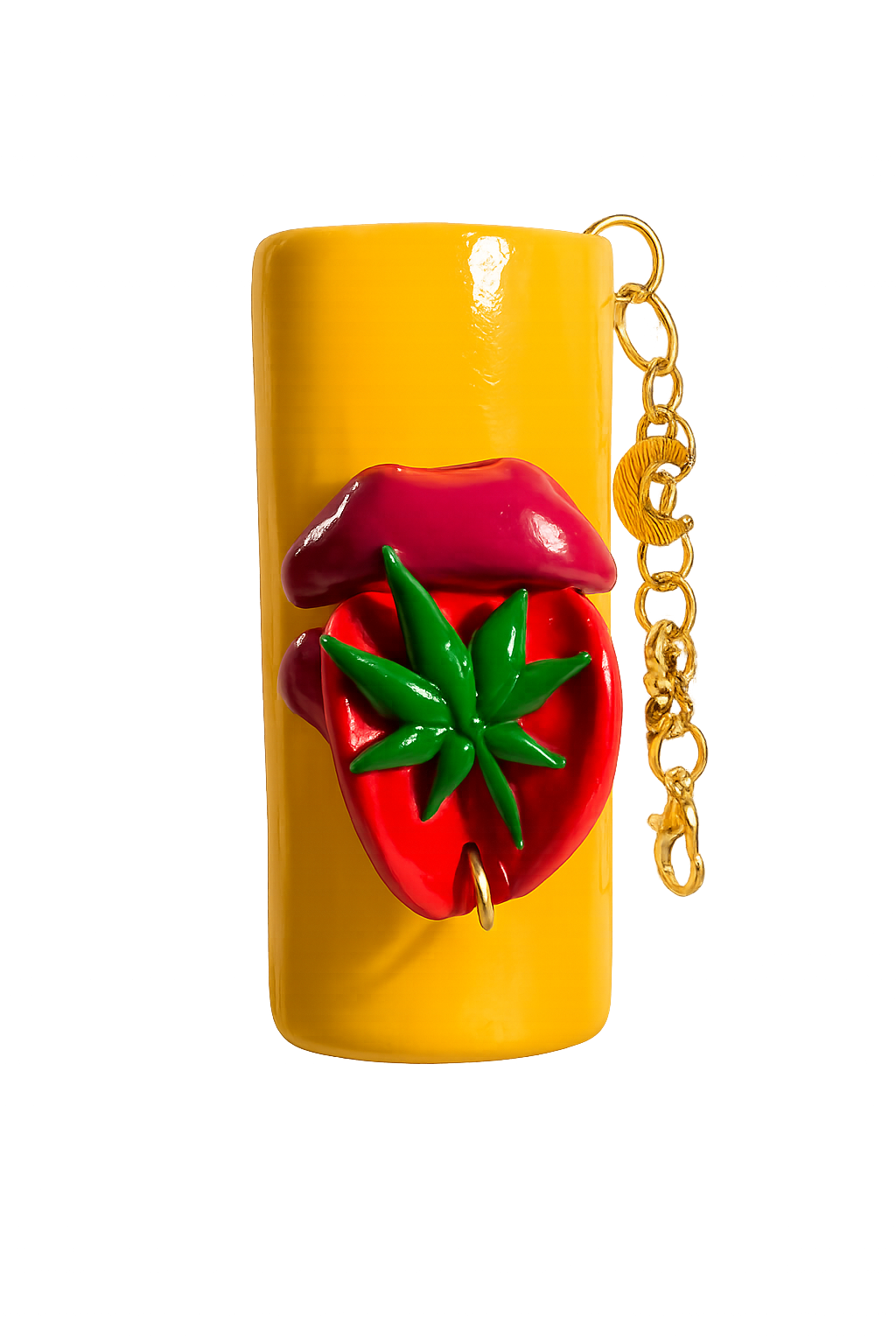 Touch Grass yellow handmade polymer clay lighter case with green and red details
