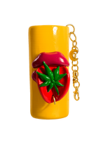 Touch Grass yellow handmade polymer clay lighter case with green and red details