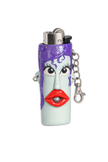 A purple hair, large eyes, red lips, and a silver metal keychain attached, shown on a plain white background. 

Violet Vice purple handmade polymer clay BIC lighter case with keychain.